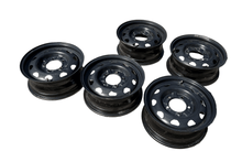 Afbeelding in Gallery-weergave laden, 16 Inch Black Rim set (5 pieces) – Bukhanka (Classic 2.4L &amp; 2.9L, Modern 2.7L), Hunter &amp; 469 – OEM 3160-3101015 USED – UAZPARTS.COM UAZ PART – OEM 3160-3101015 UAZ black set USED